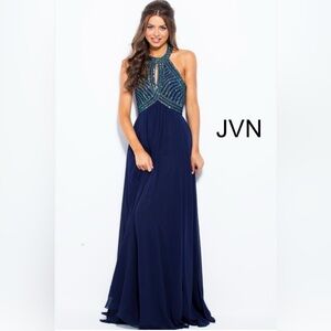 JVN Deep Blue Beaded Prom Dress
